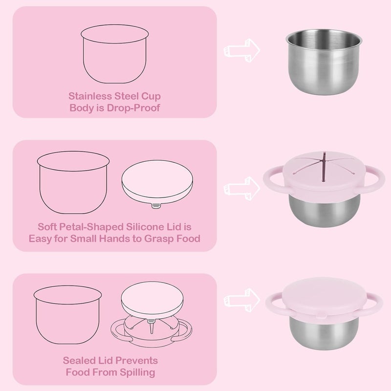 Daximo 2 Pack Snack Cups for Toddlers Spill Proof - Detachable Stainless Steel Toddler Snack Cups with Silicone Lids & Handles - Dishwasher Safe Baby Snack Containers (Light blue and Light pink) - Image 3